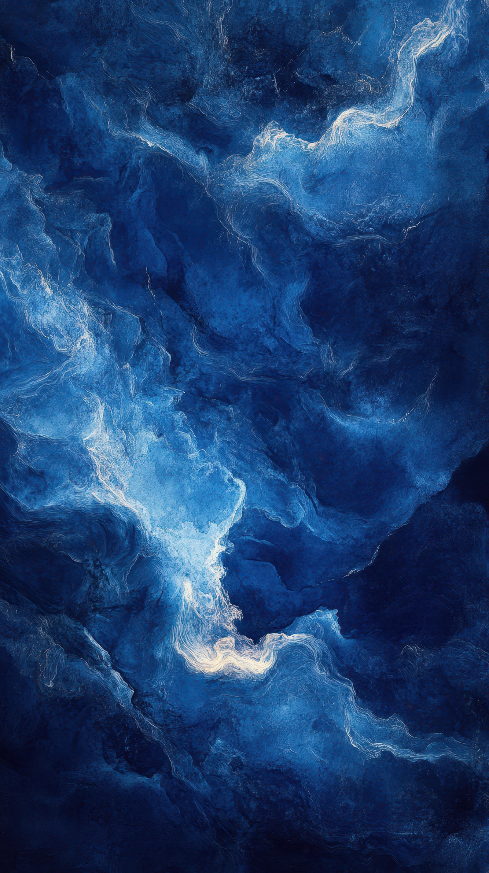 Vibrant blue abstract artwork showcases layered textures and flowing patterns in a celestial theme